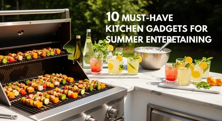 Outdoor kitchen with grill, skewers, and drinks showcasing summer entertaining gadgets.