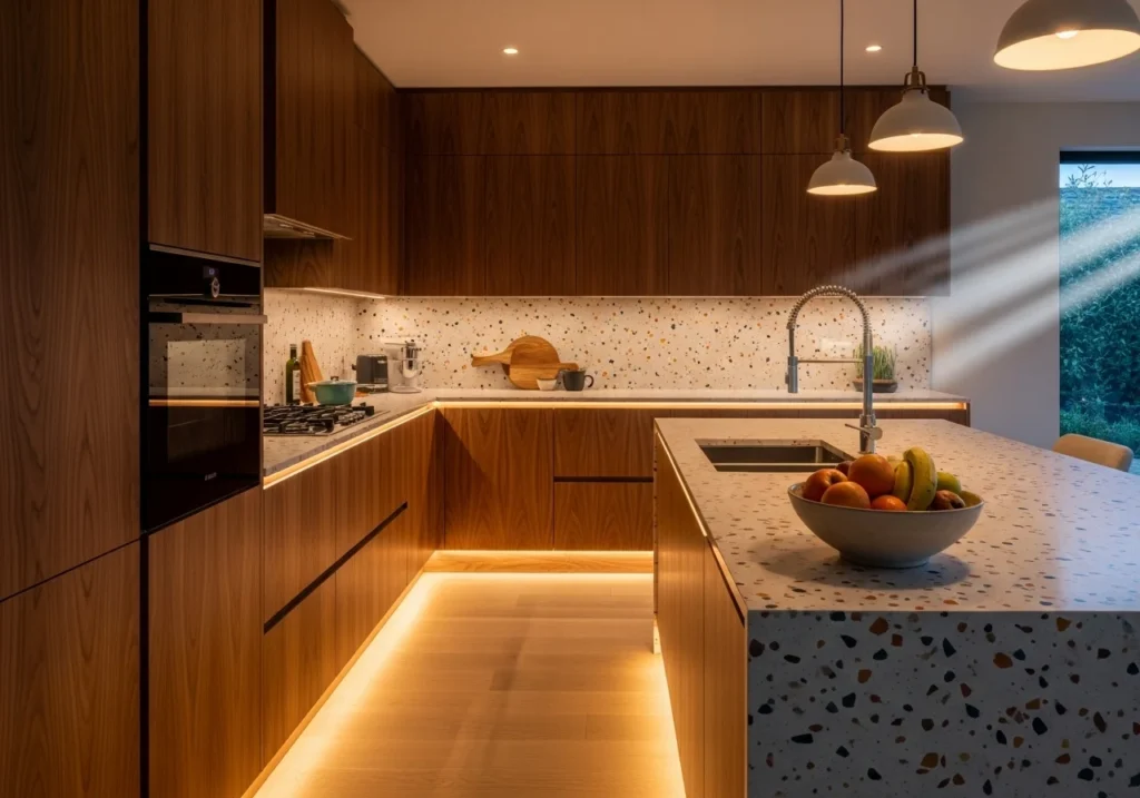 Ambient lighting in a modern walnut kitchen