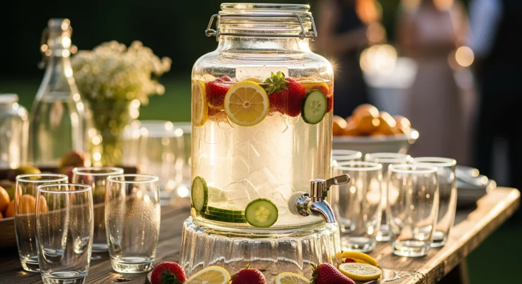 A glass beverage dispenser with fruit-infused water and an ice core, surrounded by sunlit glasses on an outdoor buffet.