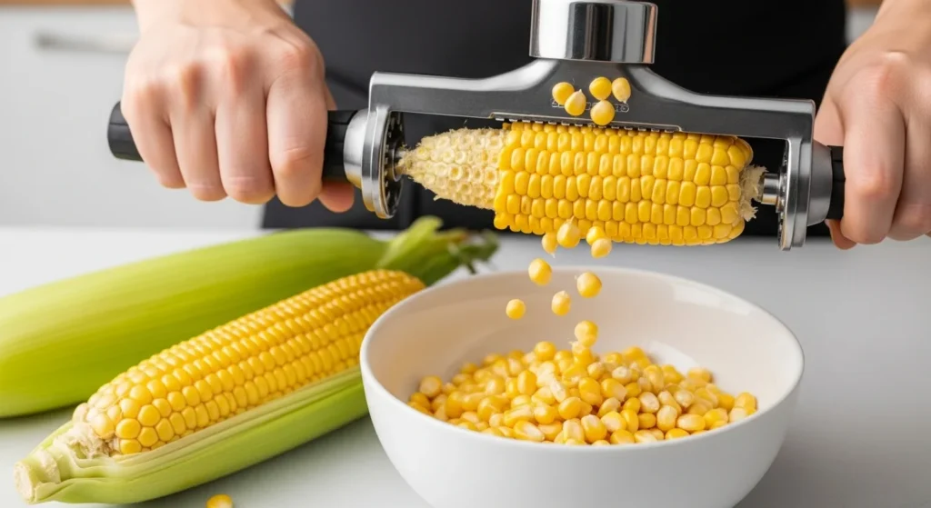 A close-up of a corn stripper gliding down a cob, with golden kernels falling into a bowl on a kitchen counter.