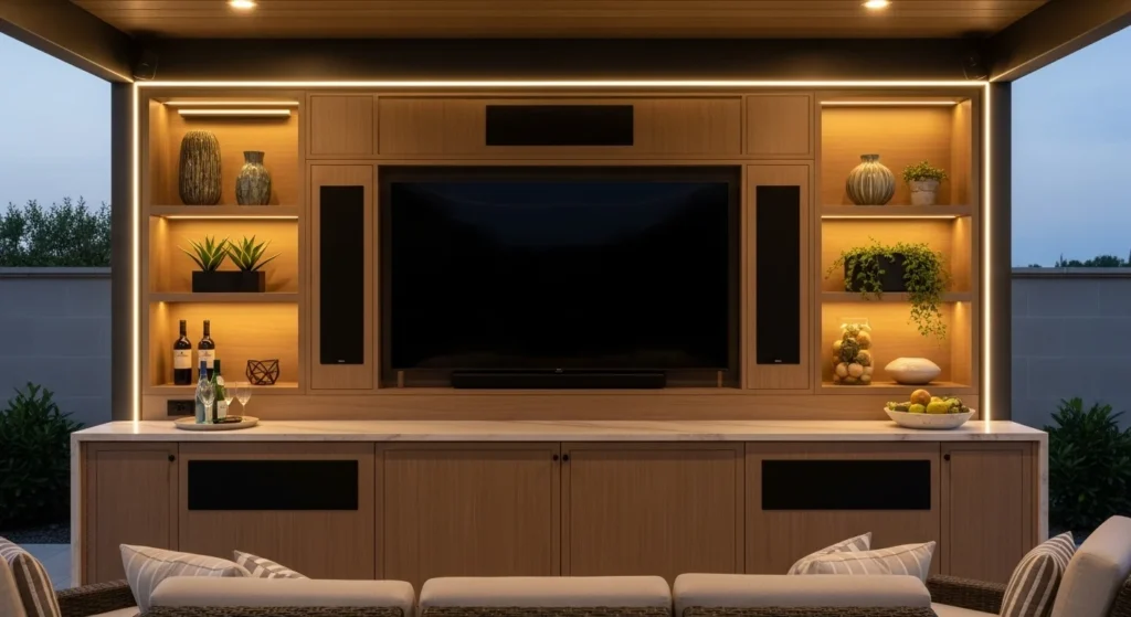 Modern outdoor entertainment wall with built-in TV, speakers, storage, and seating under covered patio.