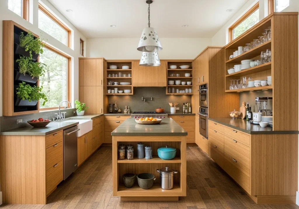 Eco-friendly I-shaped kitchen with open shelving and wood details