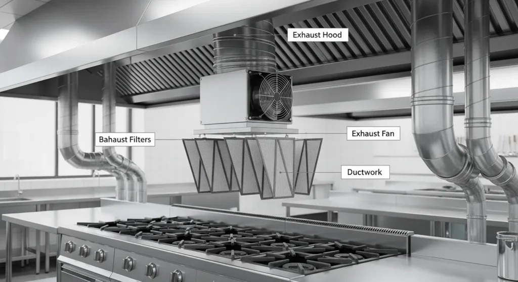 Diagram of a commercial kitchen ventilation system with exhaust hood, baffle filters, and ductwork showing capture, contain, and exhaust process.