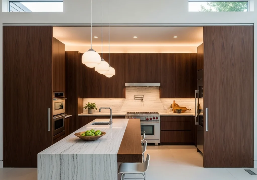 Concealed kitchen design with mood lighting and wood accents