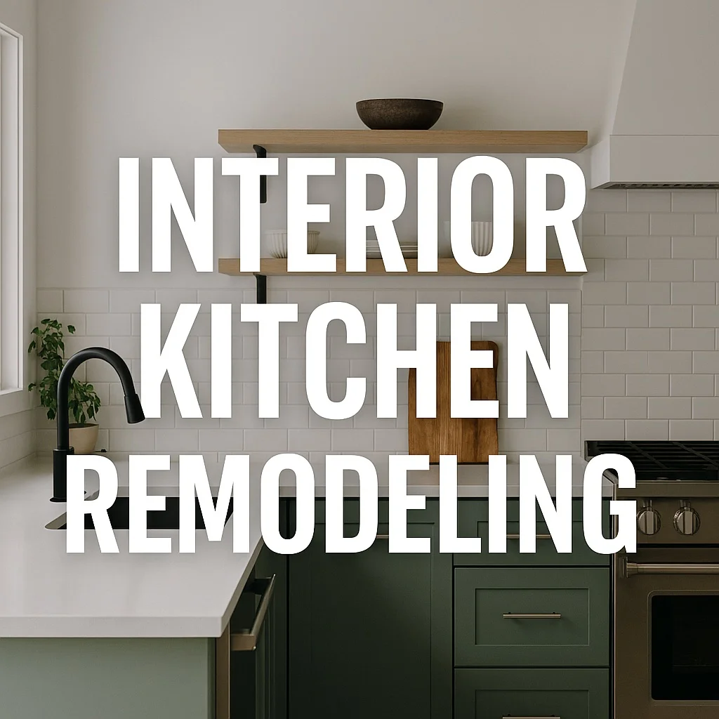 An Interior Kitchen Remodeling with bold white text.
