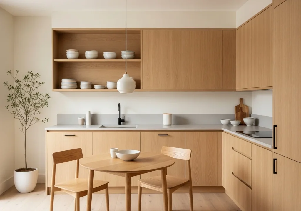 Small Japandi kitchen with minimalist wood cabinetry