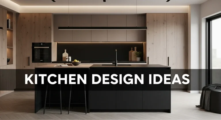 Modern 2025 kitchen with warm wood, matte black accents, and bold text overlay reading "Kitchen Design Ideas" in a shady, dramatic style.