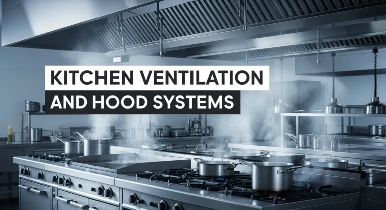 Thumbnail image of a commercial kitchen with ventilation hood, ductwork, and bold title text 'Kitchen Ventilation and Hood Systems'.