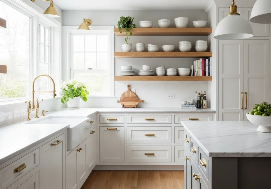White kitchen with wood accents and warm brass hardware