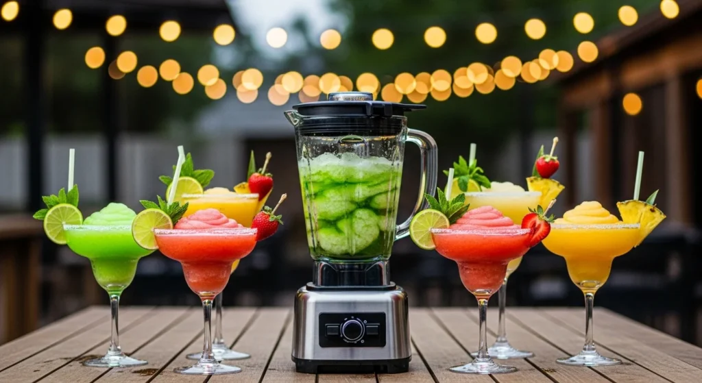 A Margarita & Slushie Blender with ready to use slushie on a wooden table.