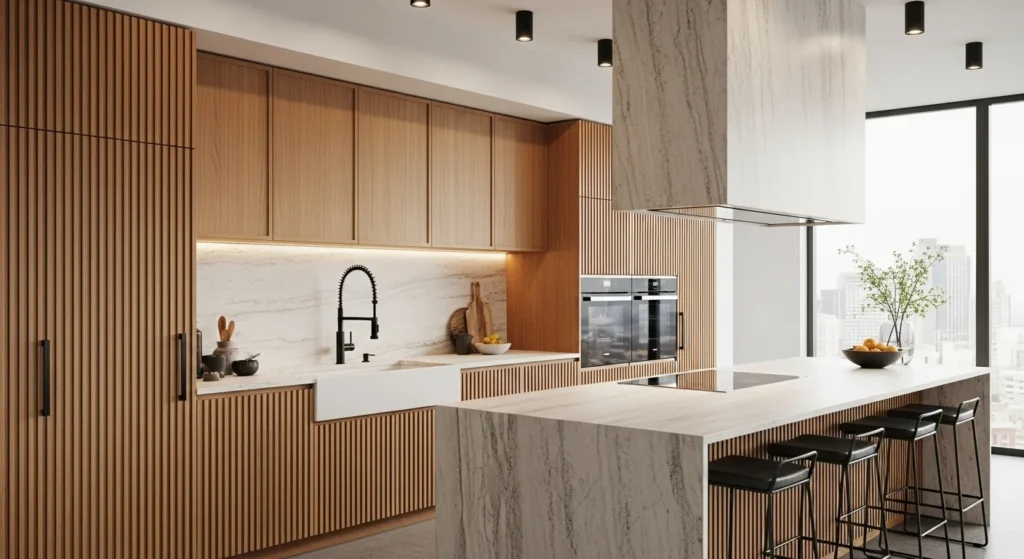 Earthy modern kitchen with warm wood and soft green palette.
