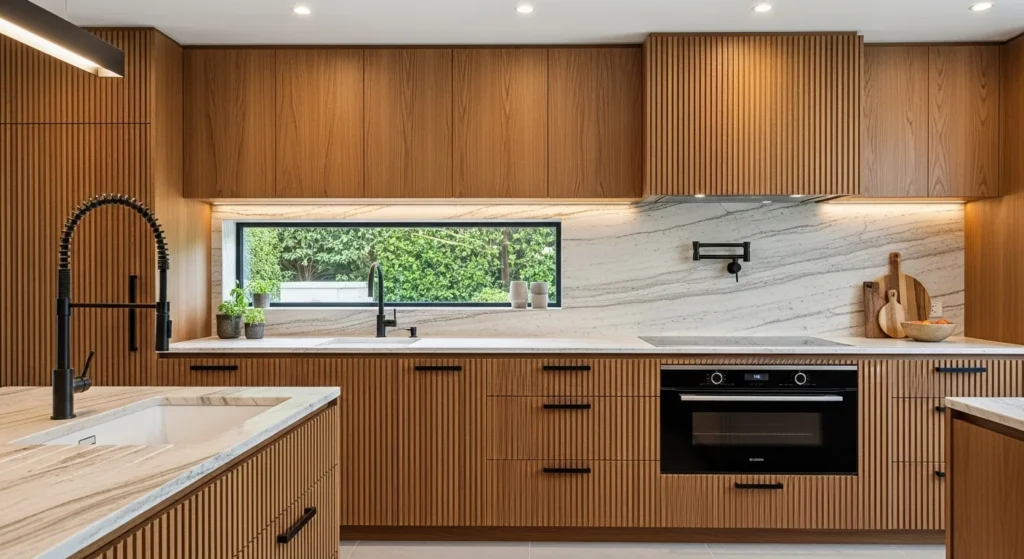 Warm modern kitchen with textured wood and dramatic stone accents.