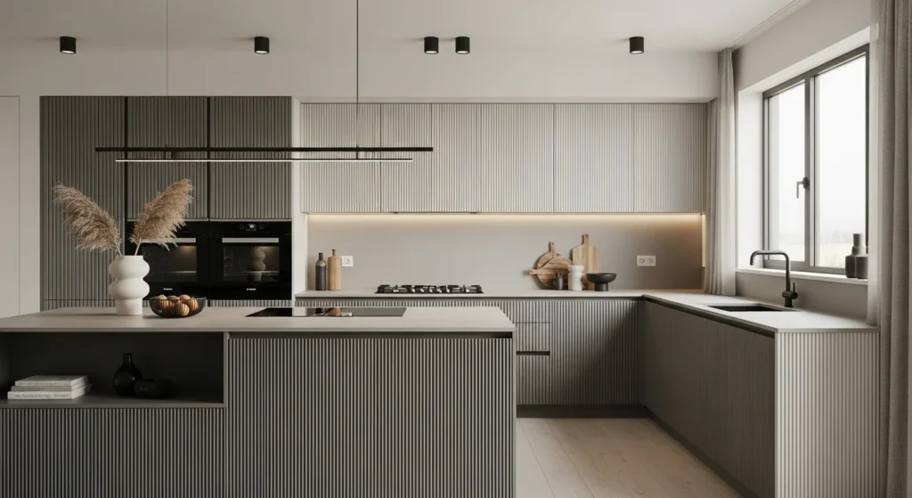 Updated kitchen design with neutral palette and textural balance.
