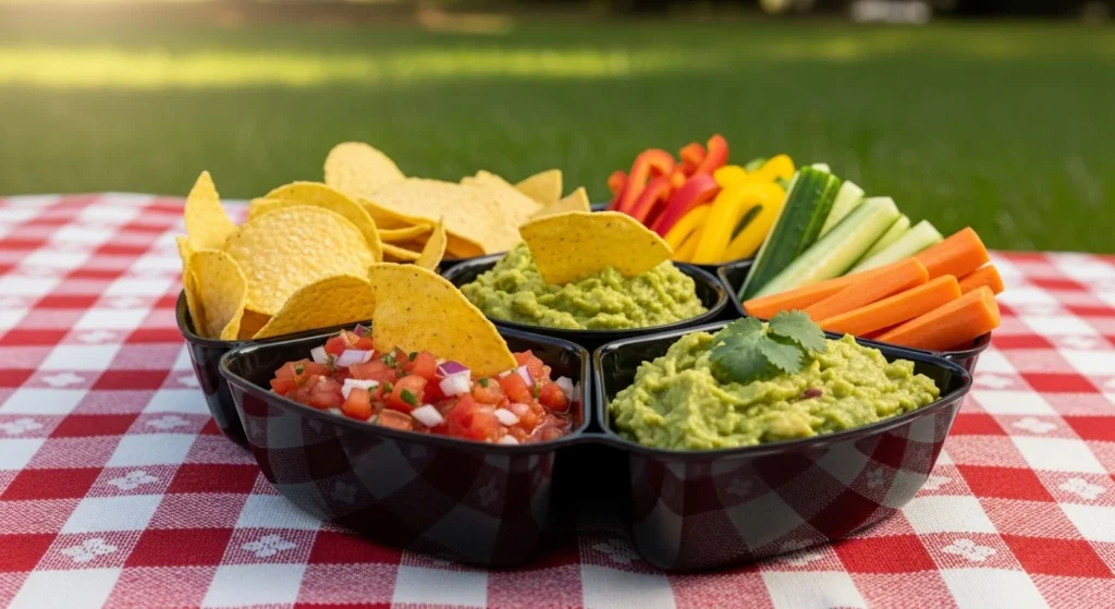 A stylish multi-compartment tray filled with chips, salsa, guacamole, and fresh veggies on a picnic tablecloth.