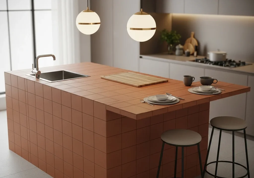 Multifunctional kitchen island with warm earth tones