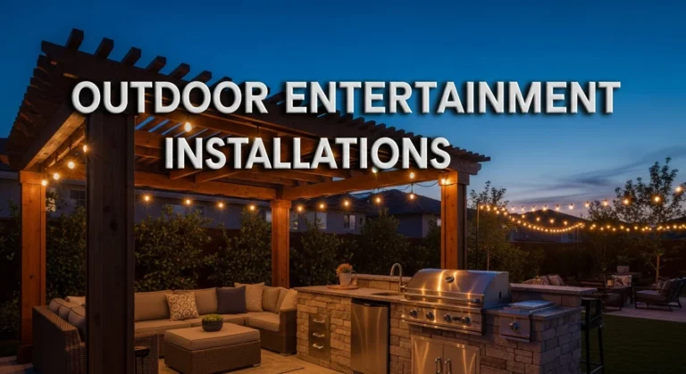 Thumbnail with bold text “Outdoor Entertainment Installations” over a stylish backyard setup at dusk.