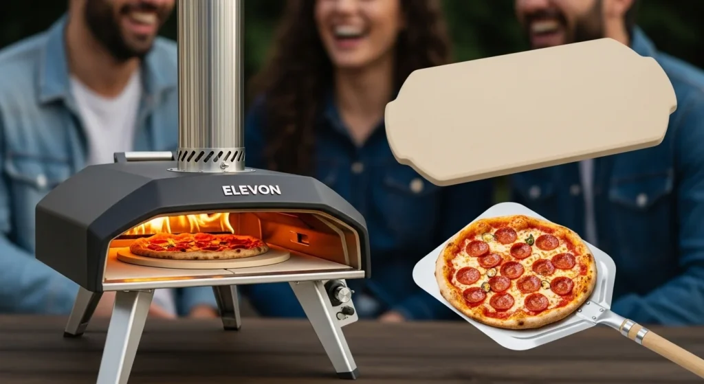 A portable outdoor pizza oven baking a bubbling pepperoni pizza, with friends laughing in the background.