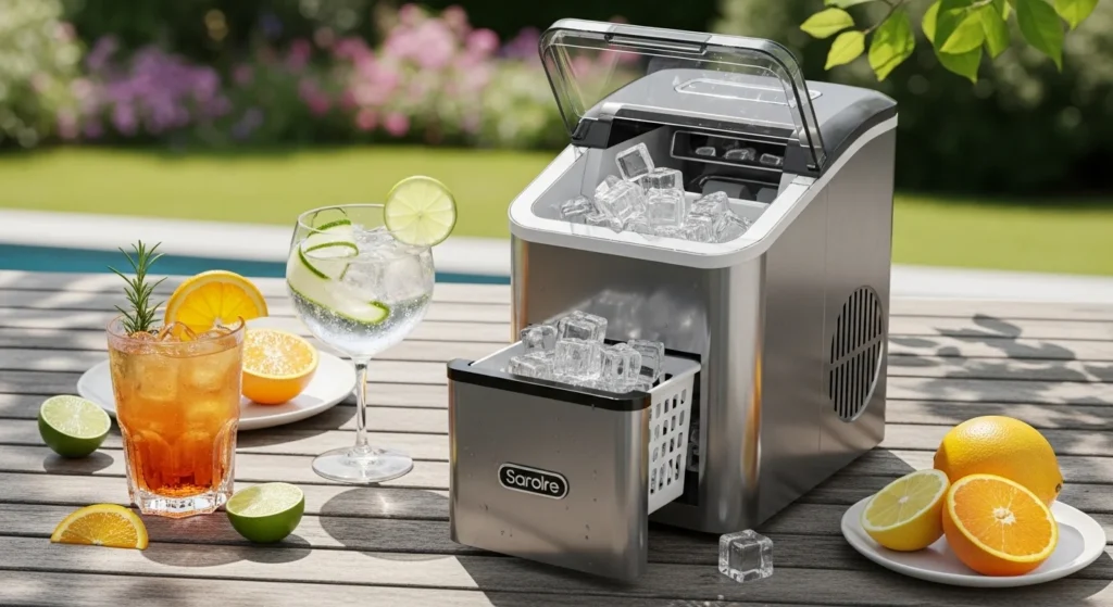 A portable ice maker placed on a table in open lawn. 