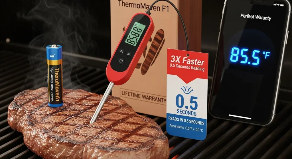 A smart meat thermometer inserted into a sizzling steak on a grill, with the app showing the perfect temperature on a phone screen.