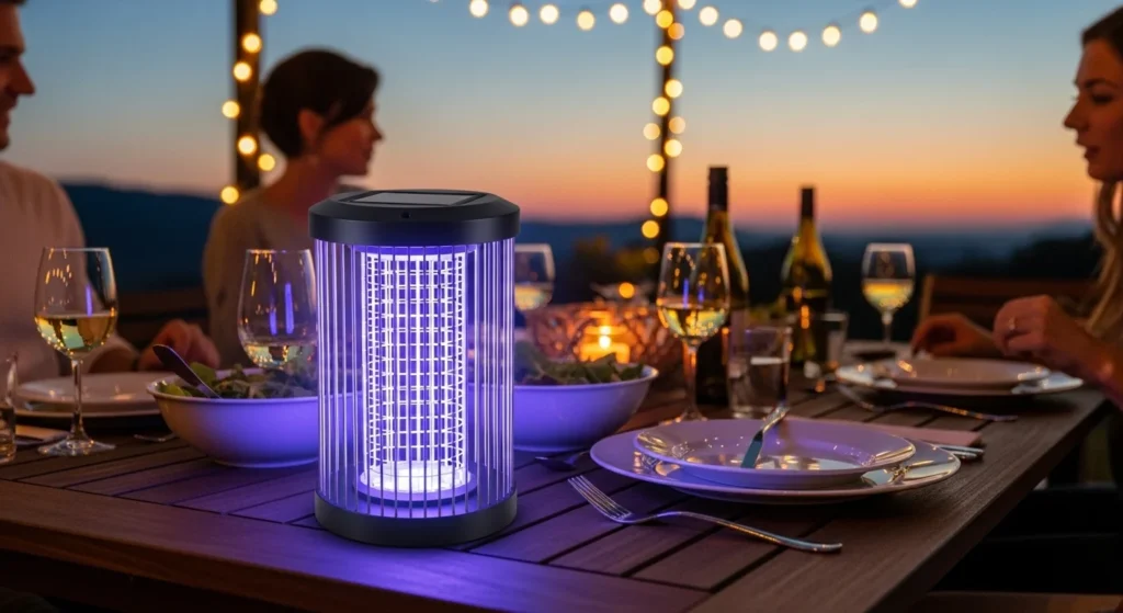 A solar-powered bug zapper glowing softly at dusk on a patio table during an outdoor dinner party.