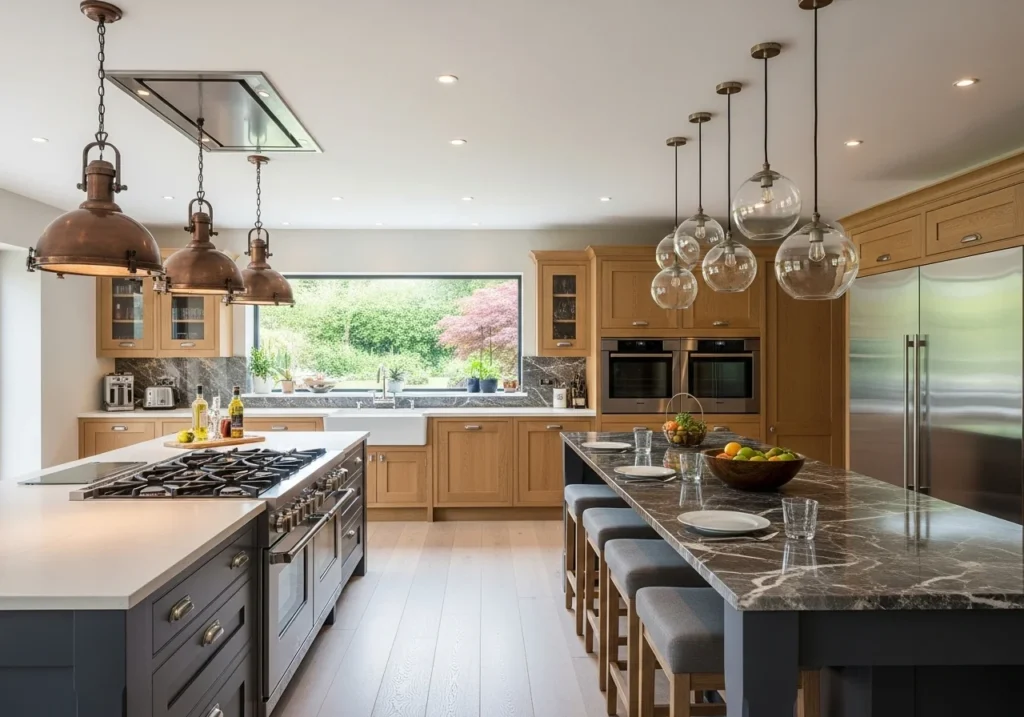 Dual island kitchen with separate prep and dining zones.