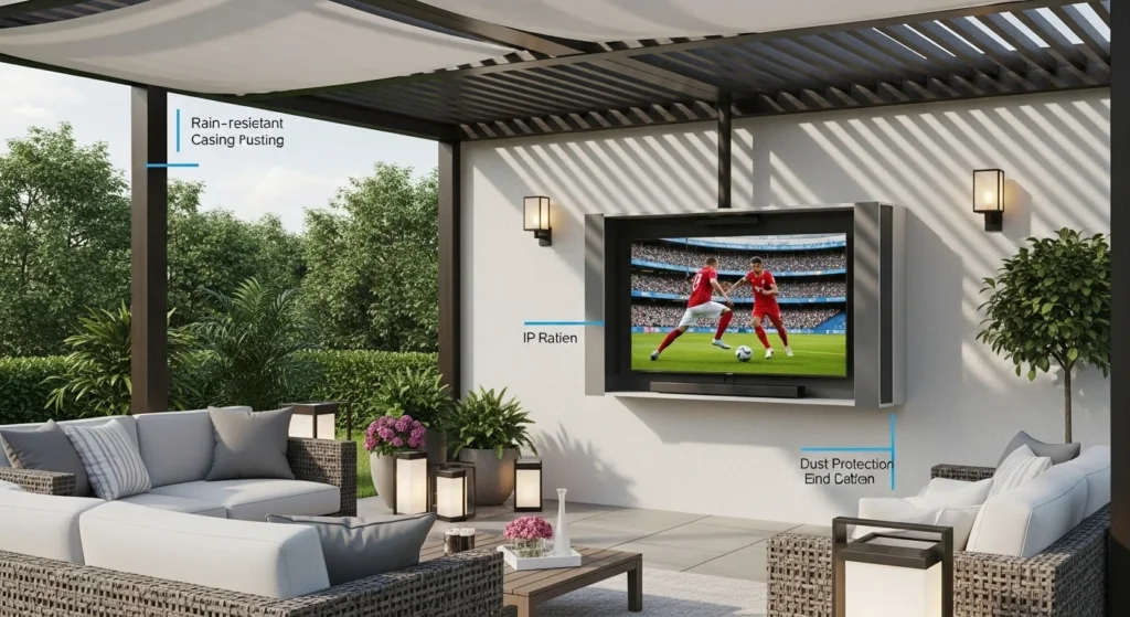 Outdoor weatherproof TV under pergola with IP-rated enclosure, bright daylight screen, and patio seating.