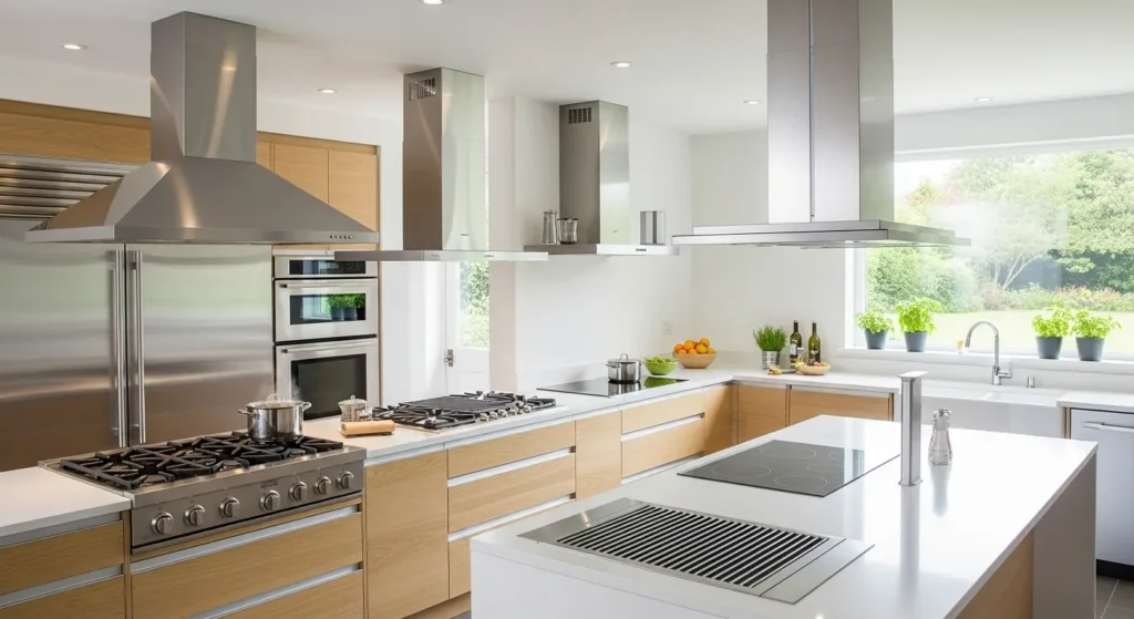 Home kitchen with various ventilation types including ducted, ductless, under-cabinet, island, and downdraft hoods, highlighting energy-efficient airflow solutions.