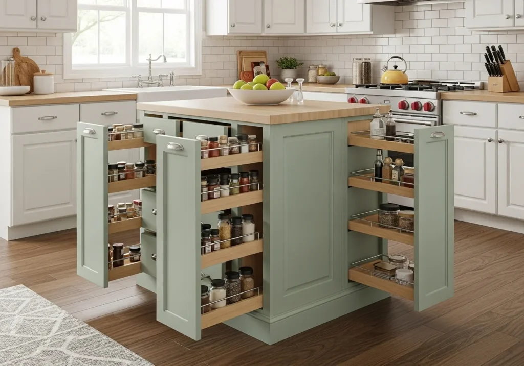 Smart storage island in a space-conscious kitchen.