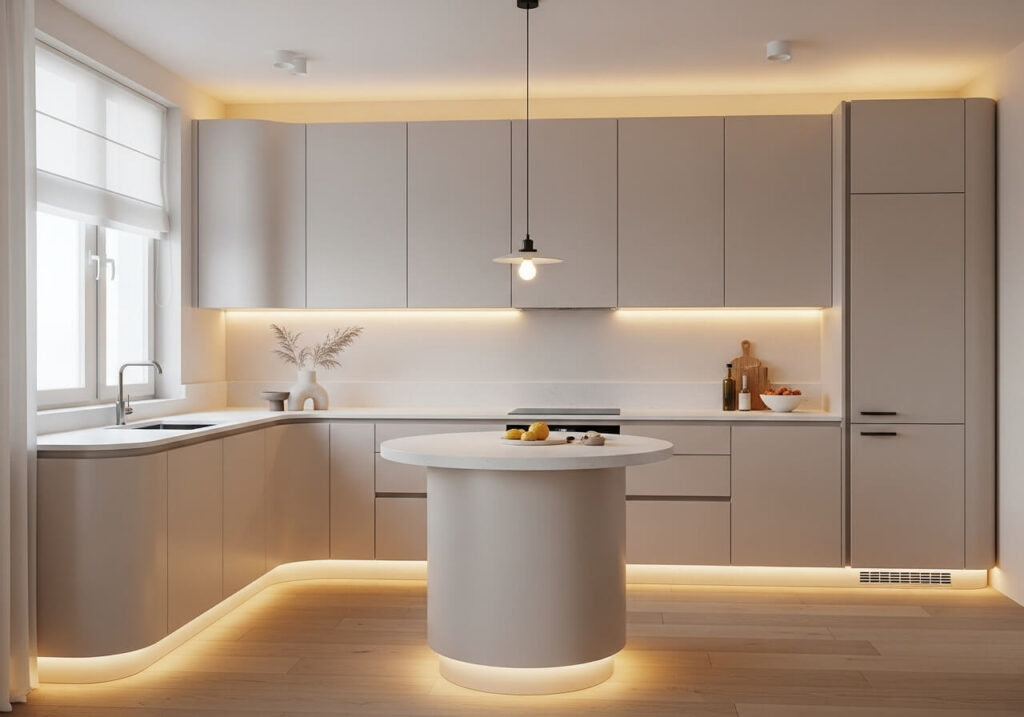 Calm and cozy small kitchen in midimalist style.