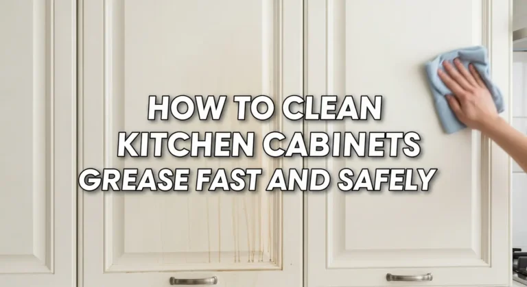 Modern kitchen cabinets being cleaned with bold text overlay: How to Clean Kitchen Cabinets Grease Fast and Safely.