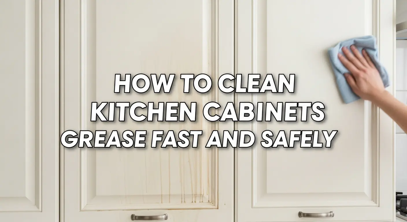 Modern kitchen cabinets being cleaned with bold text overlay: How to Clean Kitchen Cabinets Grease Fast and Safely.