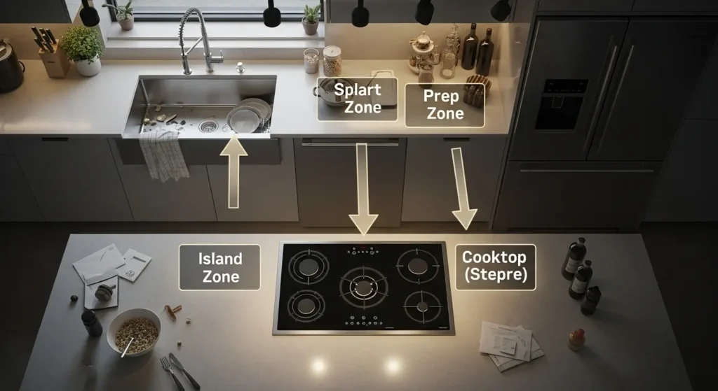 Kitchen layout showing sink, cooktop, and fridge zones with workflow and problem areas highlighted.
