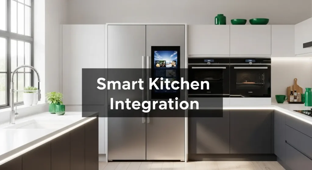 Modern kitchen with smart appliances and bold text “Smart Kitchen Integration” overlay.