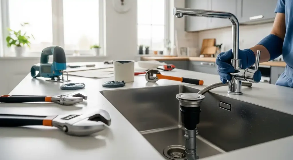 kitchen installation scene showing a stainless-steel sink being fitted into a countertop with tools and faucet assembly visible.