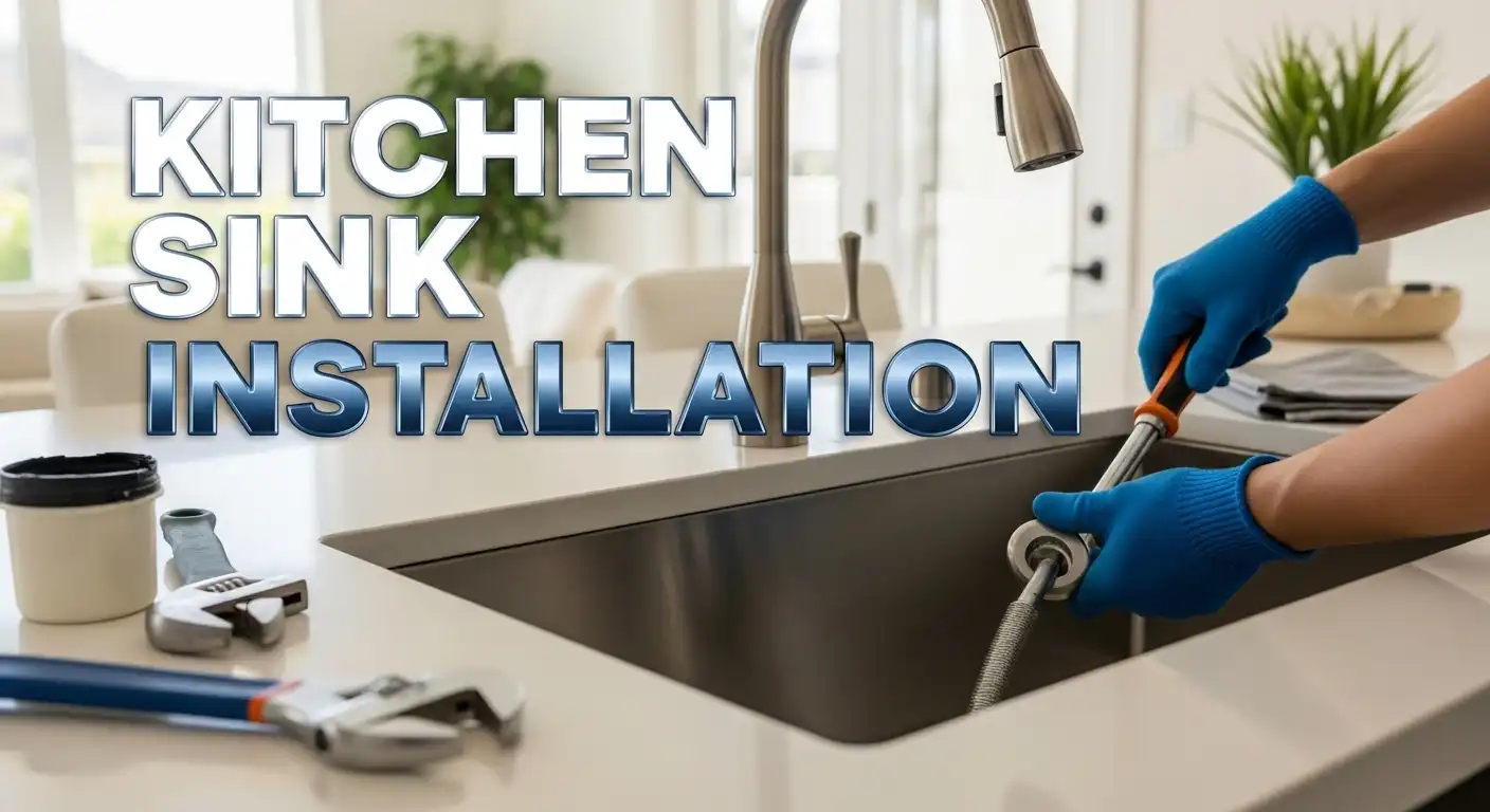 Professional kitchen sink installation in a modern Chula Vista home, showing tools and materials on a countertop with bold text overlay reading “Kitchen Sink Installation”.