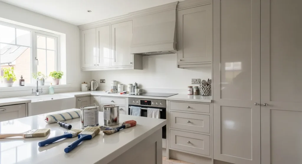 Freshly painted kitchen with semi-gloss cabinets and satin walls, painting tools on countertop.