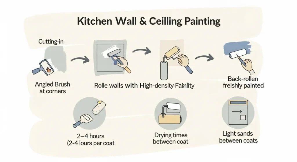 Step-by-step kitchen wall and ceiling painting process with brush, roller, back-rolling, drying, and sanding.