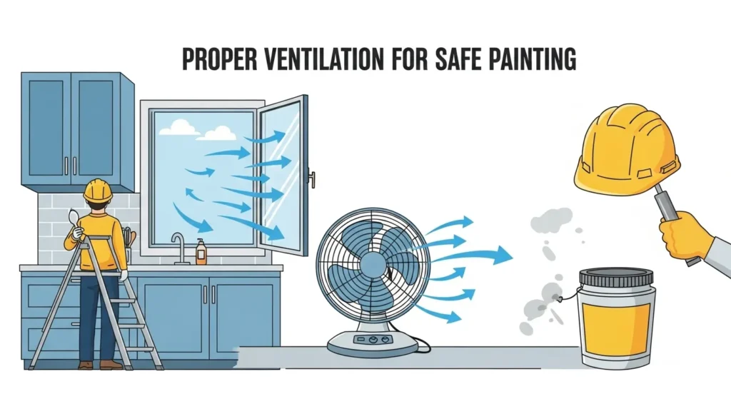 Low-VOC primers in a kitchen with ventilation, promoting better indoor air quality during painting.