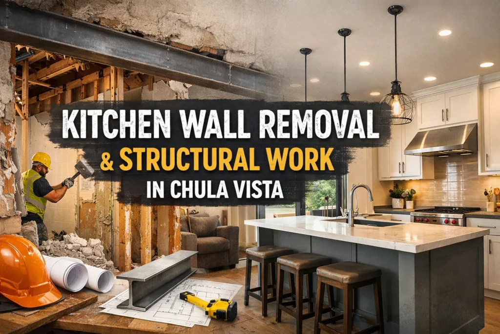 Open concept kitchen in Chula Vista with removed wall, structural beam, and large island