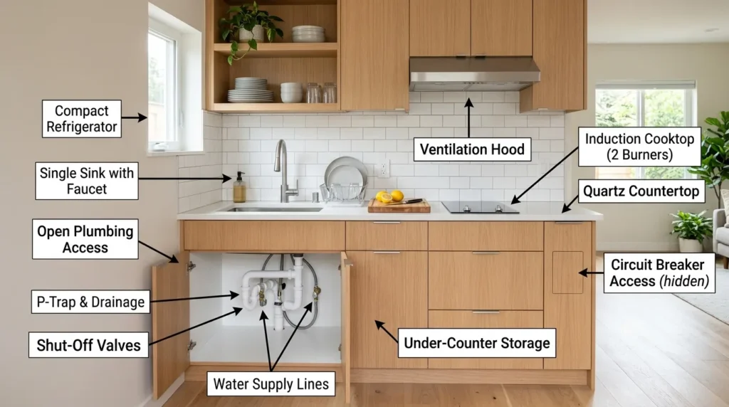 Modern ADU kitchen design in a small space, California style home, compact galley kitchen with sink, stove, cabinets