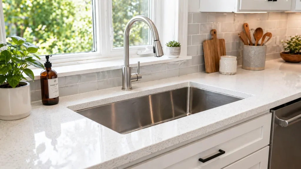 Modern stainless steel sink with quartz countertop in a bright Chula Vista kitchen