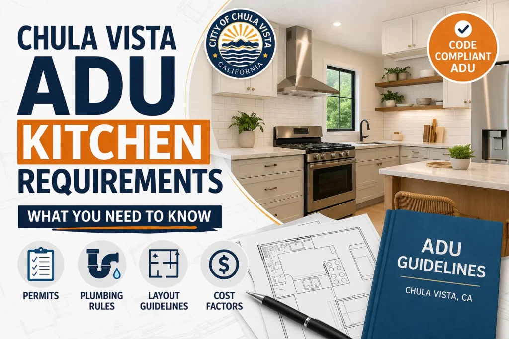 Modern small ADU kitchen interior in Chula Vista California, compact layout with white cabinets, quartz countertops