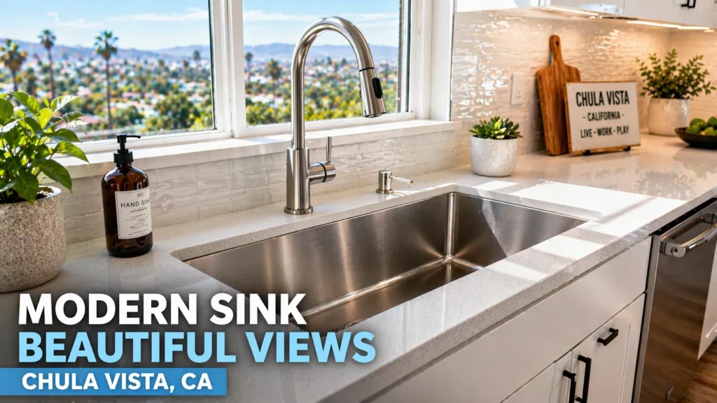 Modern kitchen sink installation in a Chula Vista home with updated countertops and fixtures