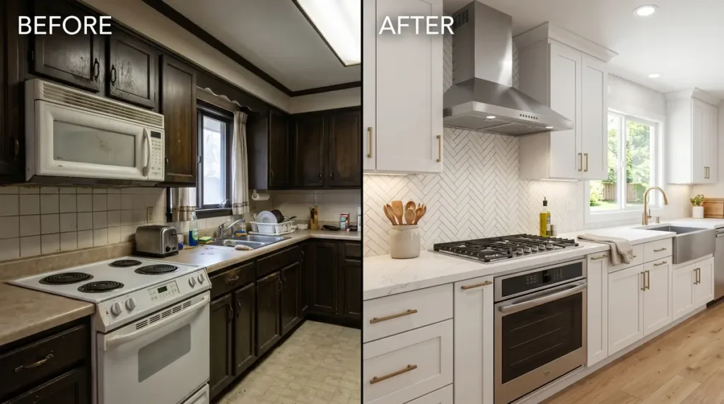 Before-and-after kitchen remodel featuring upgraded stainless steel range hood ventilation system.