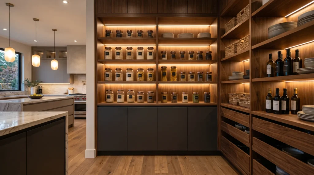 Luxury pantry with wood shelving, hidden storage, and warm integrated lighting.