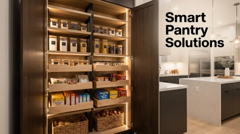 Luxury kitchen pantry with custom shelving, organized containers, and warm cinematic lighting.