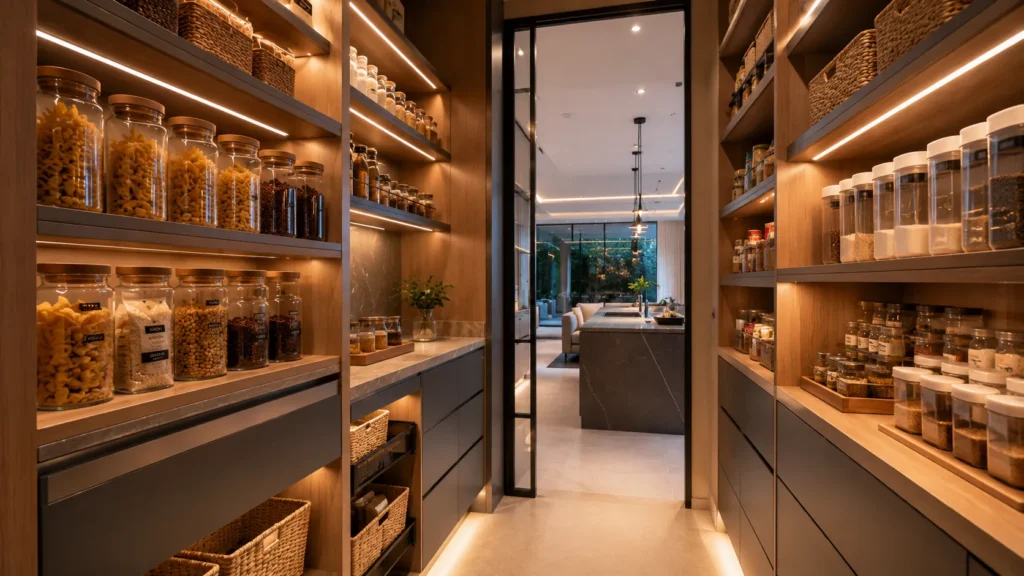 Modern kitchen pantry with custom shelving, pull-out drawers, and labeled storage containers.