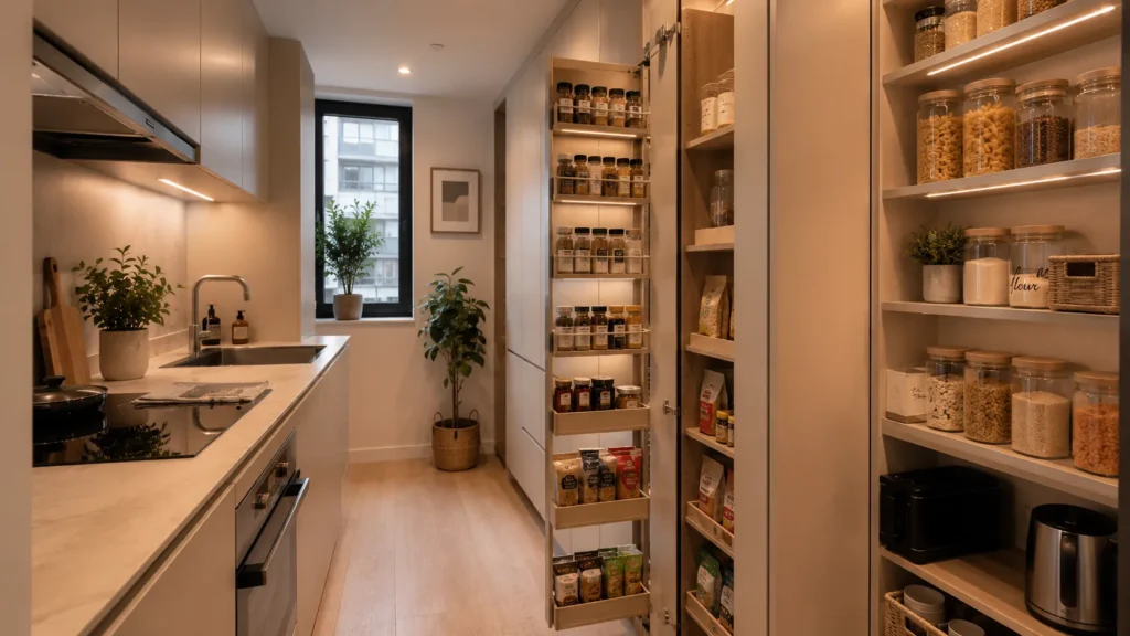 Small modern kitchen with tall pantry cabinets and compact pull-out storage organizers.