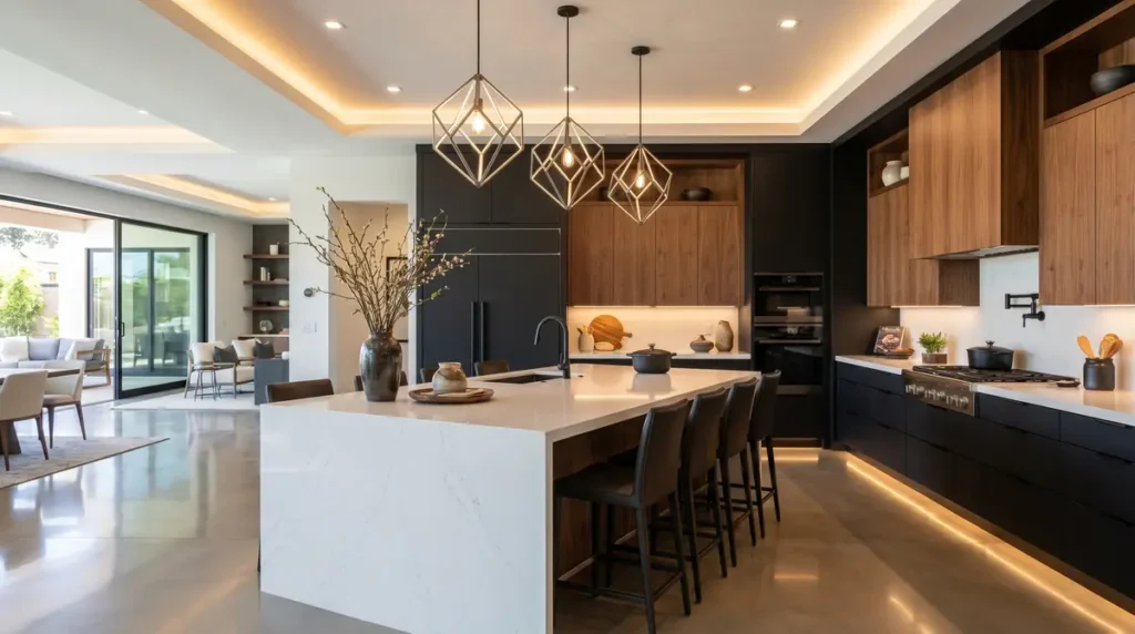 Modern kitchen with black lower cabinets, wooden upper cabinets, white marble island, and geometric pendant lights