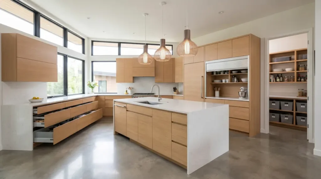 Modern kitchen with wooden cabinets, kitchen island, pendant lights, and large windows